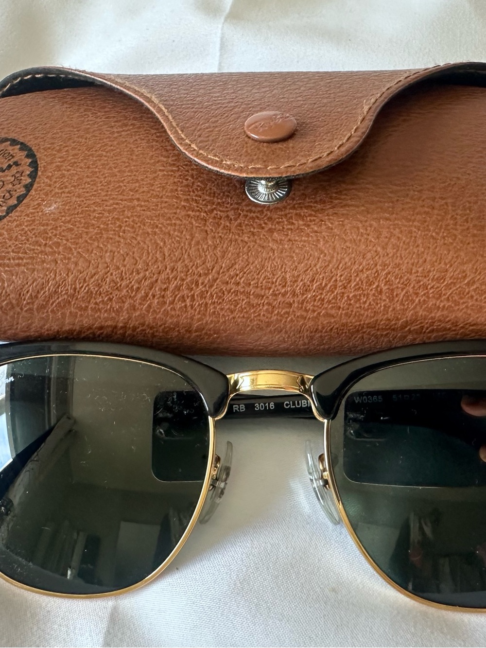 Ray-Ban Black and Gold Clubmaster Sunglasses with Brown Case